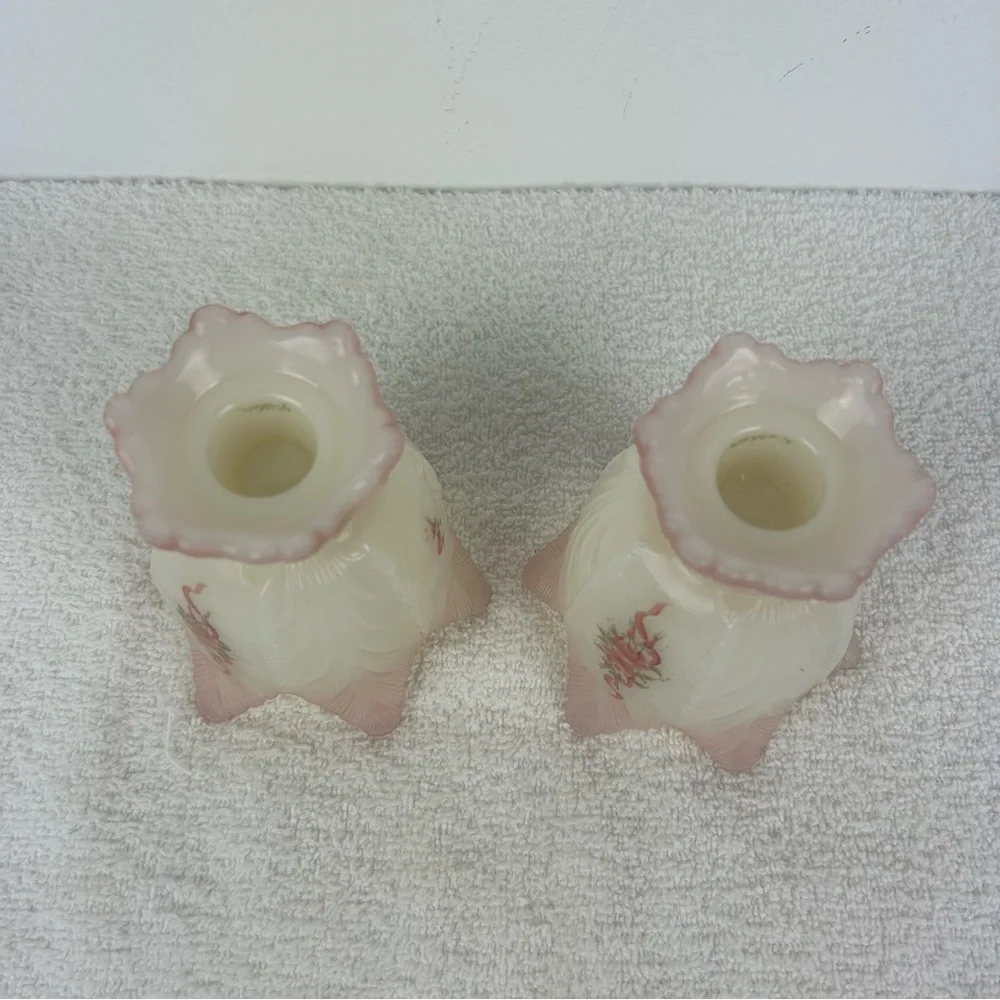 Pair of VTG '1980's' Fenton Art Glass Burmese - 2 way Votive - Signed/Painted